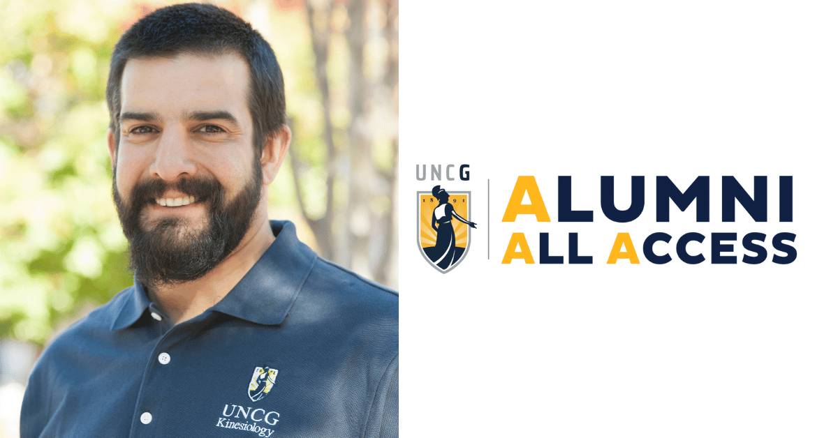 Professor Aaron Terranova with the Alumni All Access logo