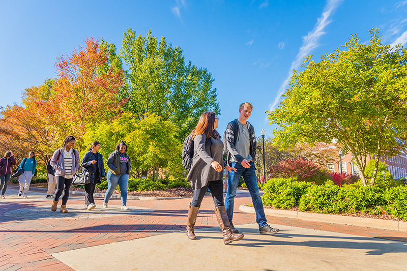 Students walking on College Avenue during the fall.