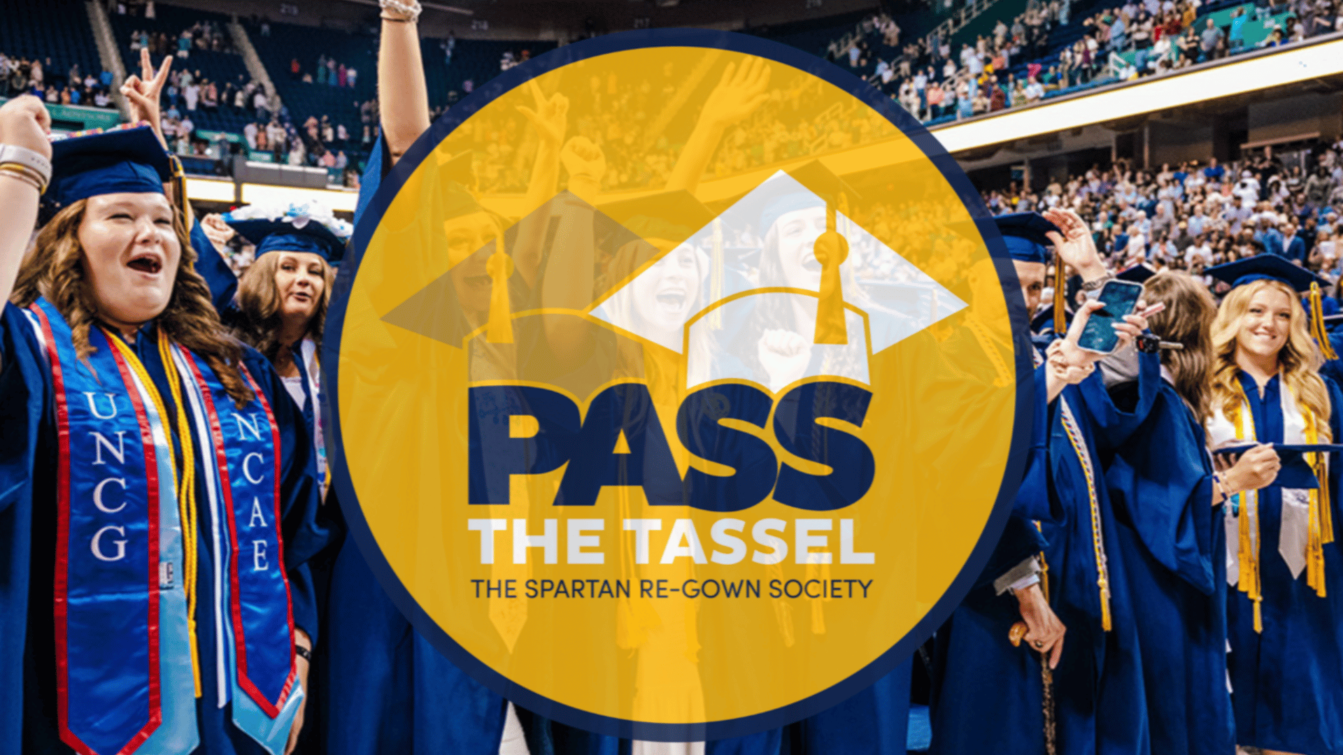 Spartans at Commencement with the Pass the Tassel logo superimposed on top.